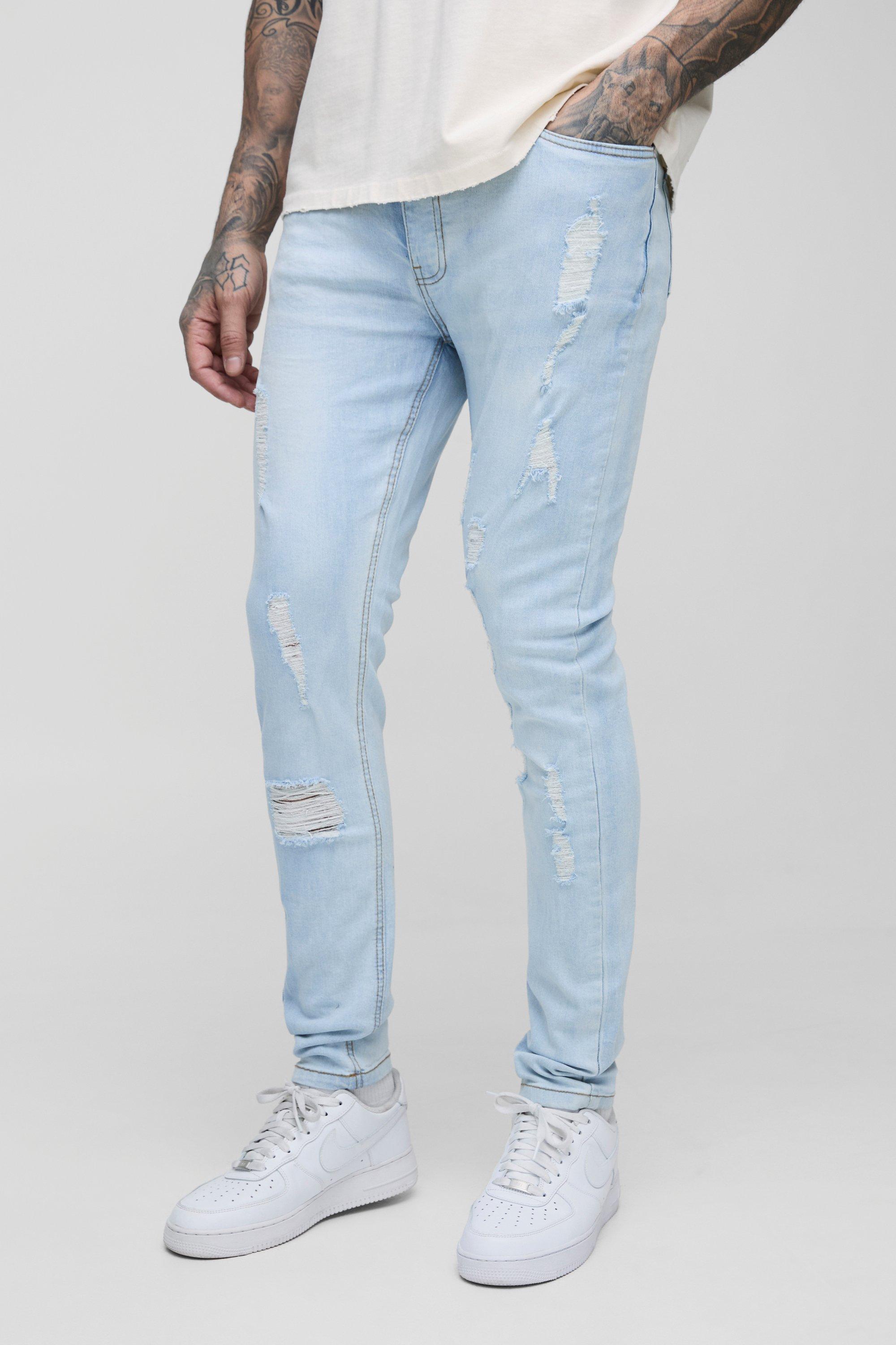 Mens White Tall Skinny Stretch Ripped Bleach Wash Jean, White